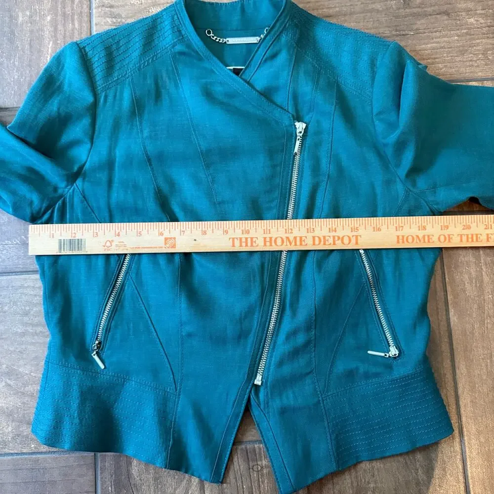 White House Black Market Linen Teal Moto Jacket Zip Front Silver Hardware Sz 8